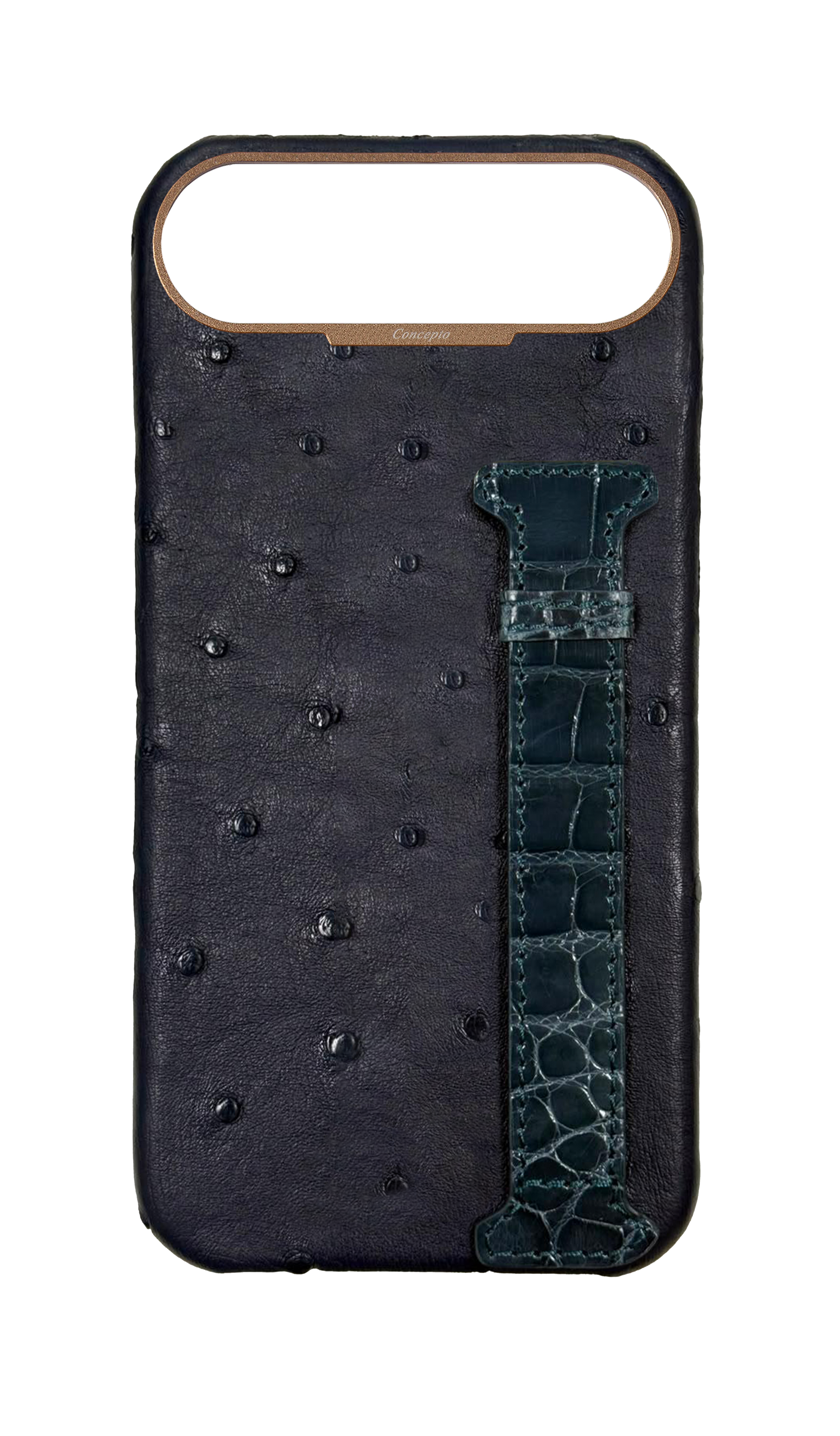 Navy Exotic Ostrich & Crocodile Side Strap Case