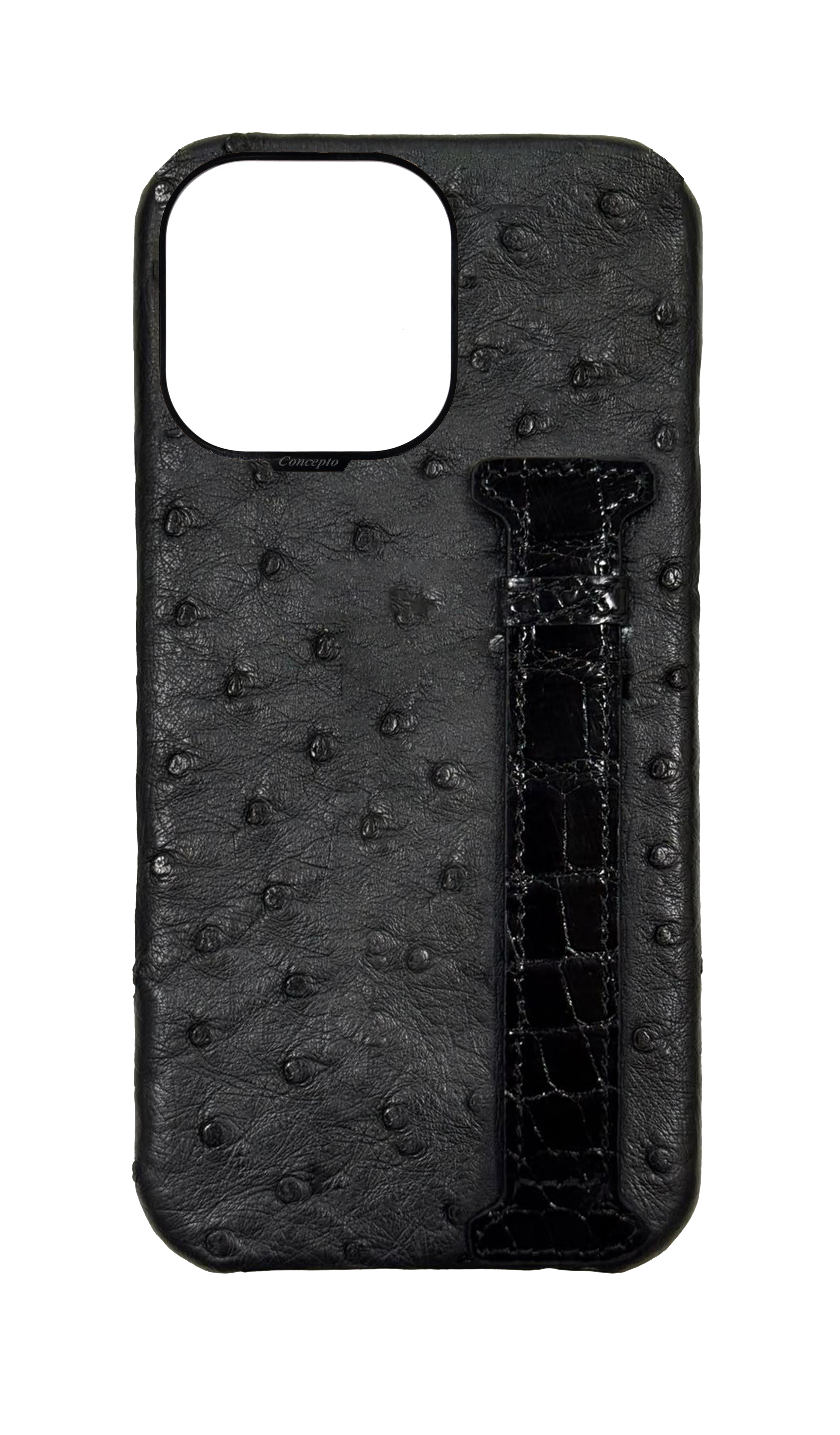 Black Exotic Ostrich & Crocodile Side Strap Case