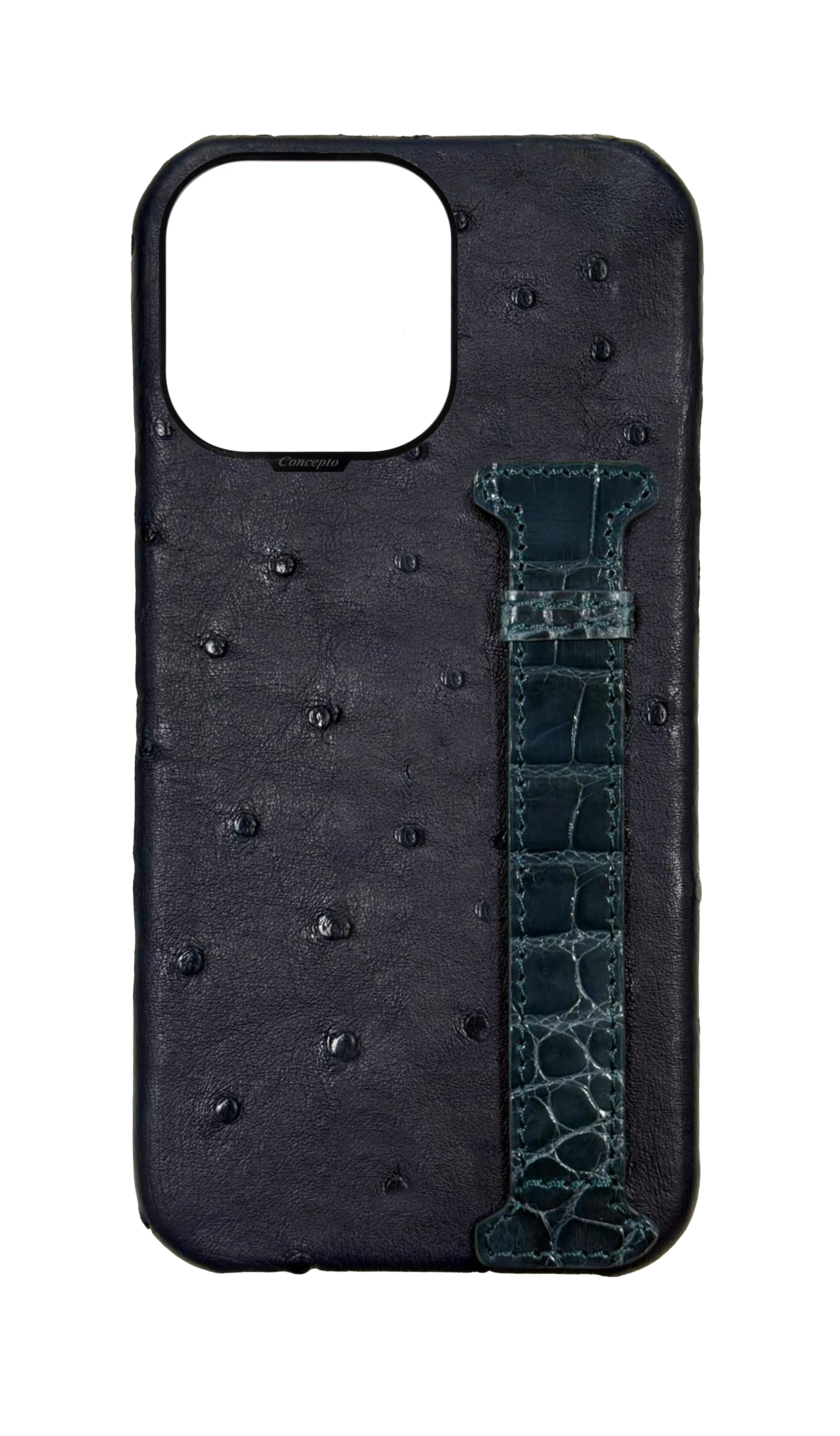 Navy Exotic Ostrich & Crocodile Side Strap Case