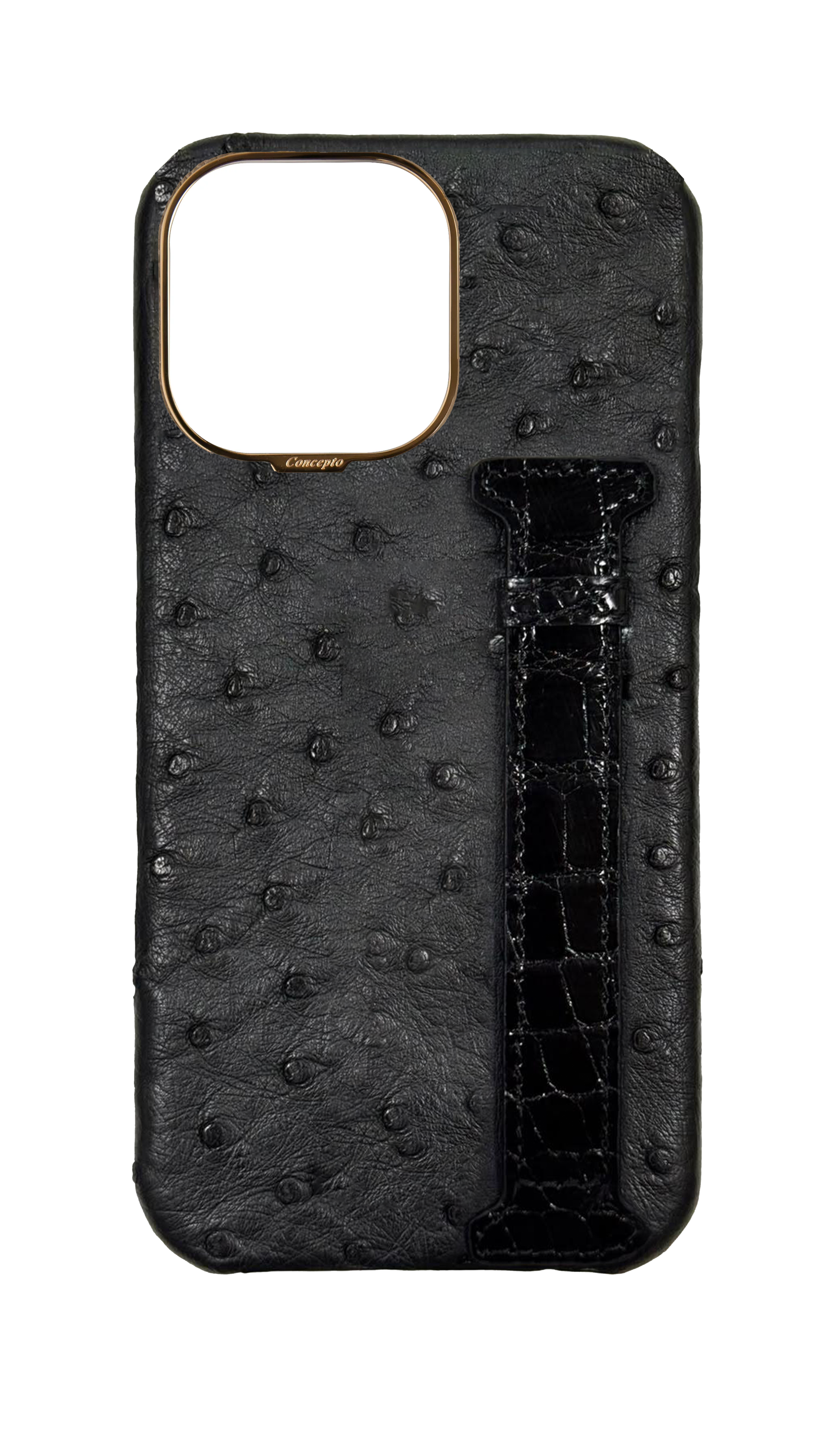 Black Exotic Ostrich & Crocodile Side Strap Case