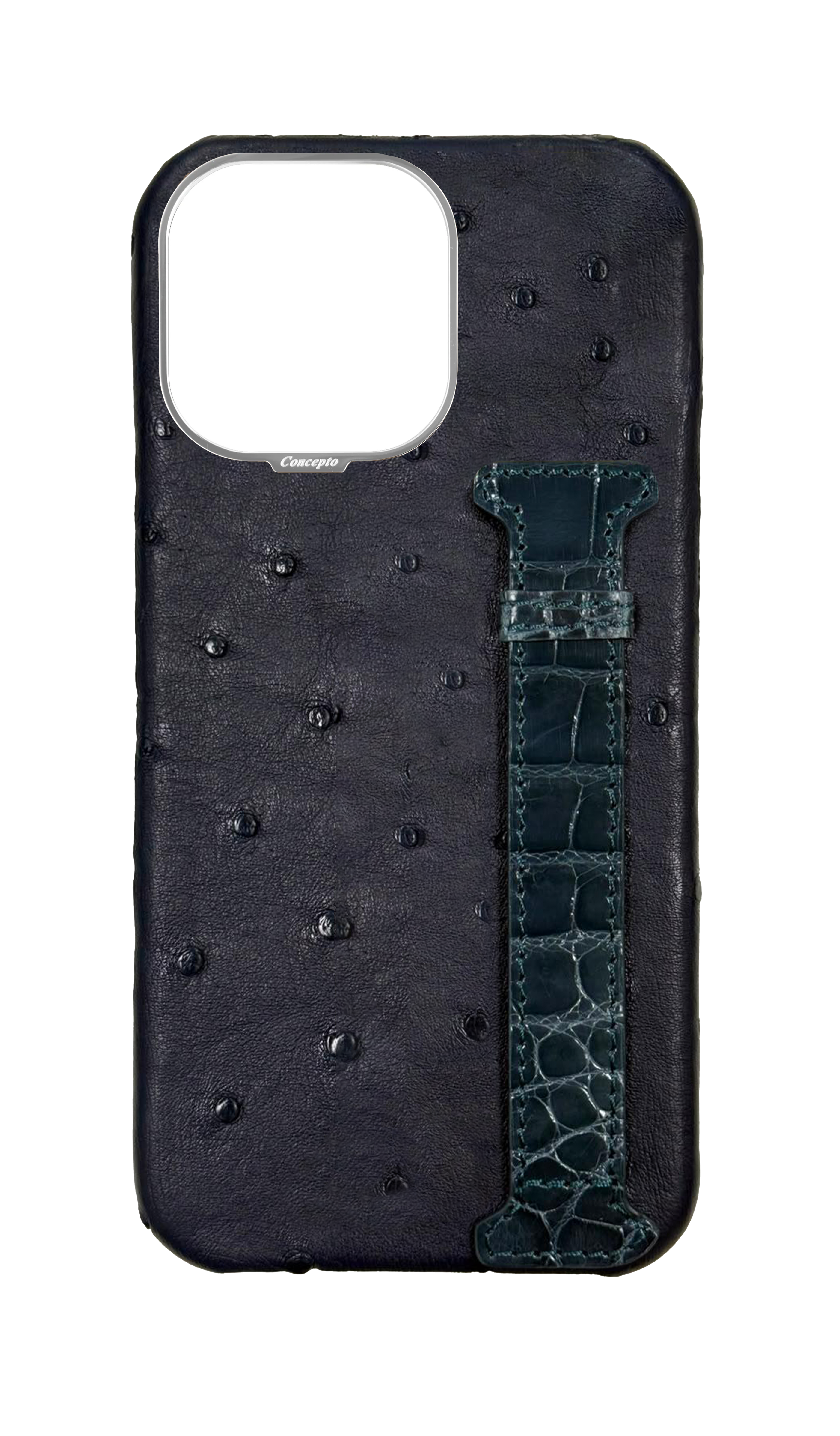 Navy Exotic Ostrich & Crocodile Side Strap Case