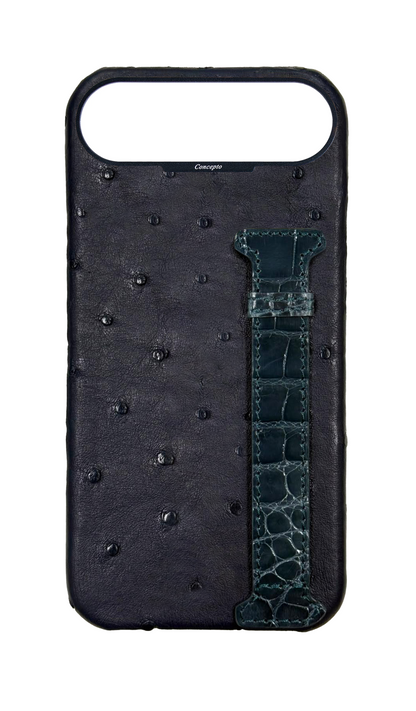 Navy Exotic Ostrich &amp; Crocodile Side Strap Case