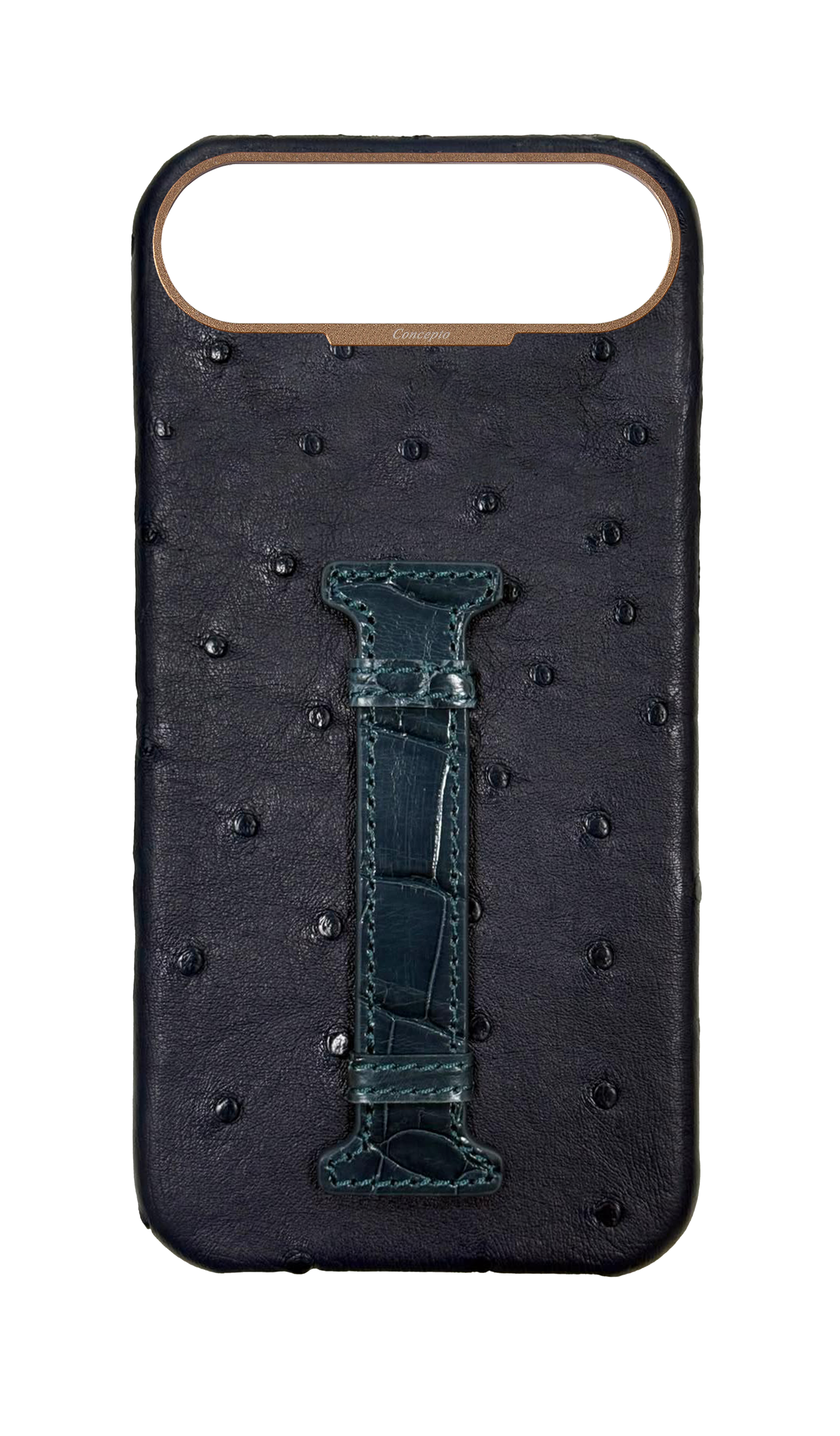 Navy Exotic Ostrich &amp; Crocodile Middle Strap Case