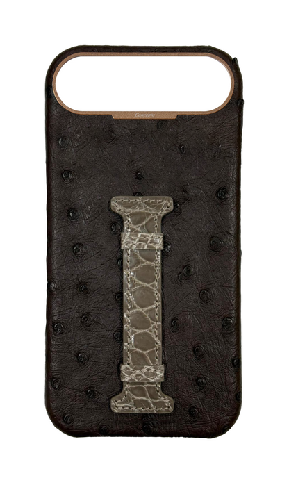 Brown Exotic Ostrich &amp; Crocodile Middle Strap Case