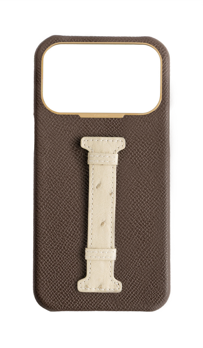 Brown / Cream Exotic Ostrich Middle Strap Case