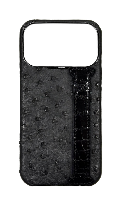 Black Exotic Ostrich &amp; Crocodile Side Strap Case