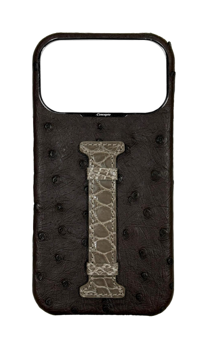 Brown Exotic Ostrich &amp; Crocodile Middle Strap Case