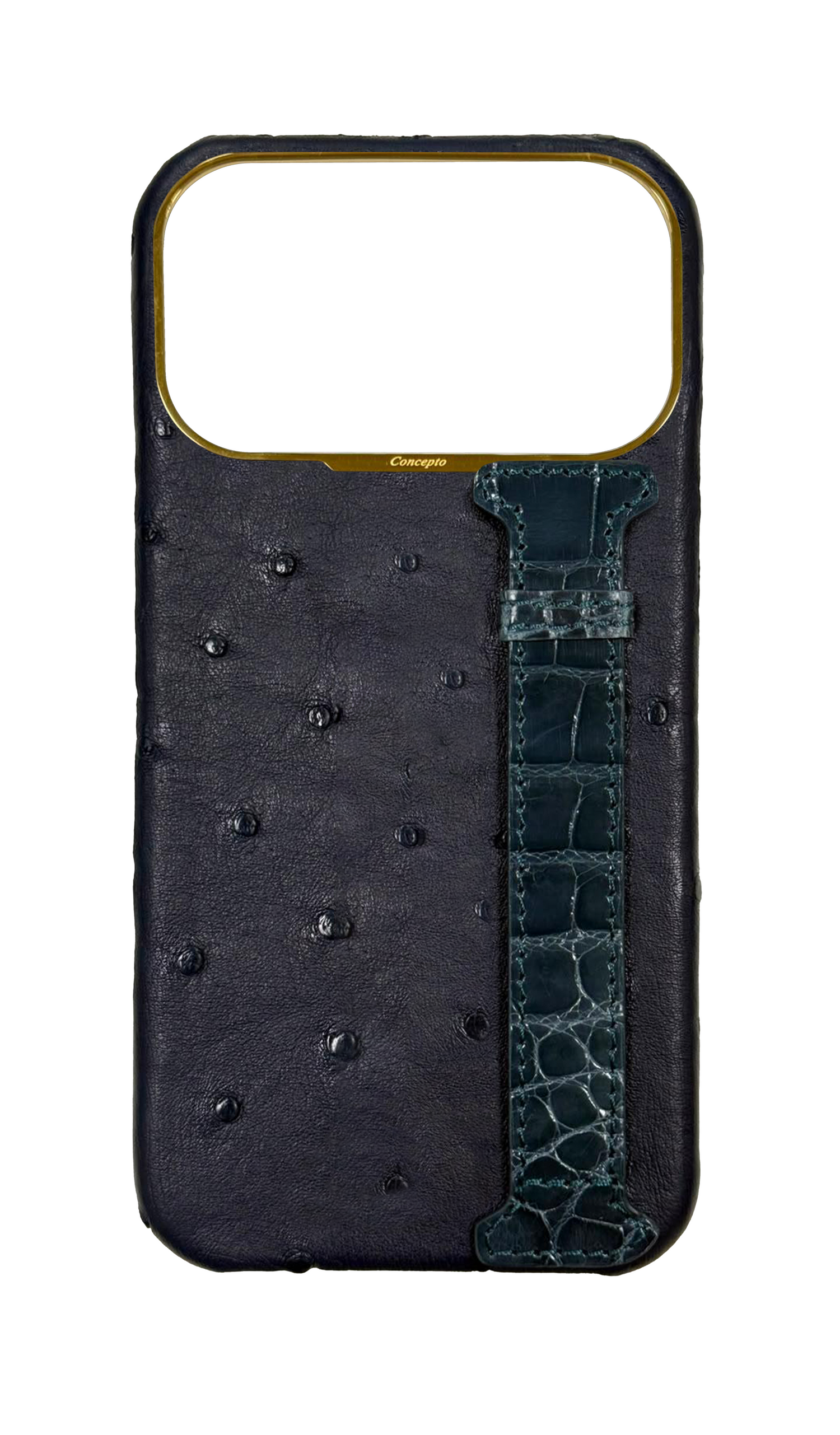 Navy Exotic Ostrich &amp; Crocodile Side Strap Case