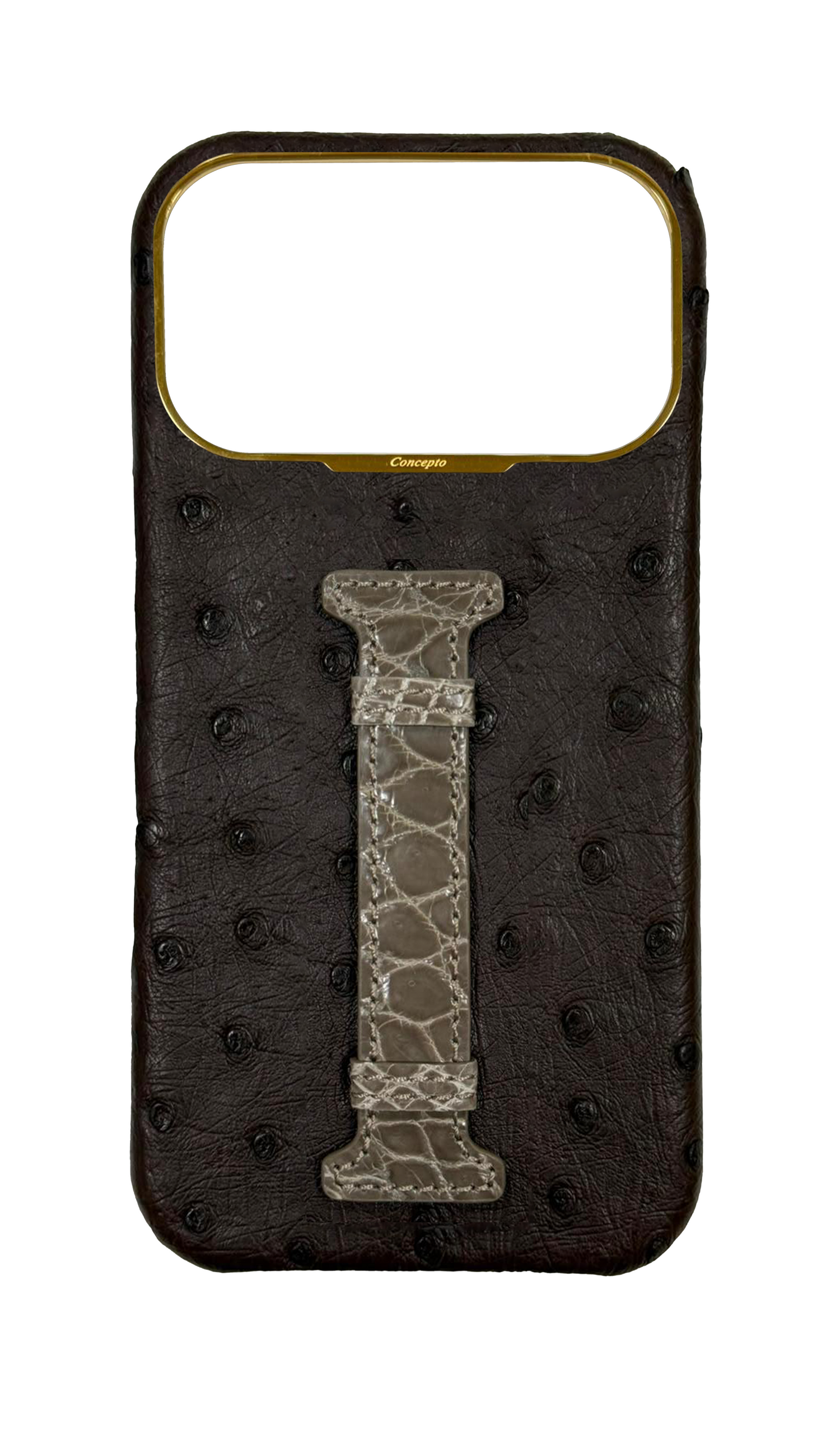 Brown Exotic Ostrich &amp; Crocodile Middle Strap Case