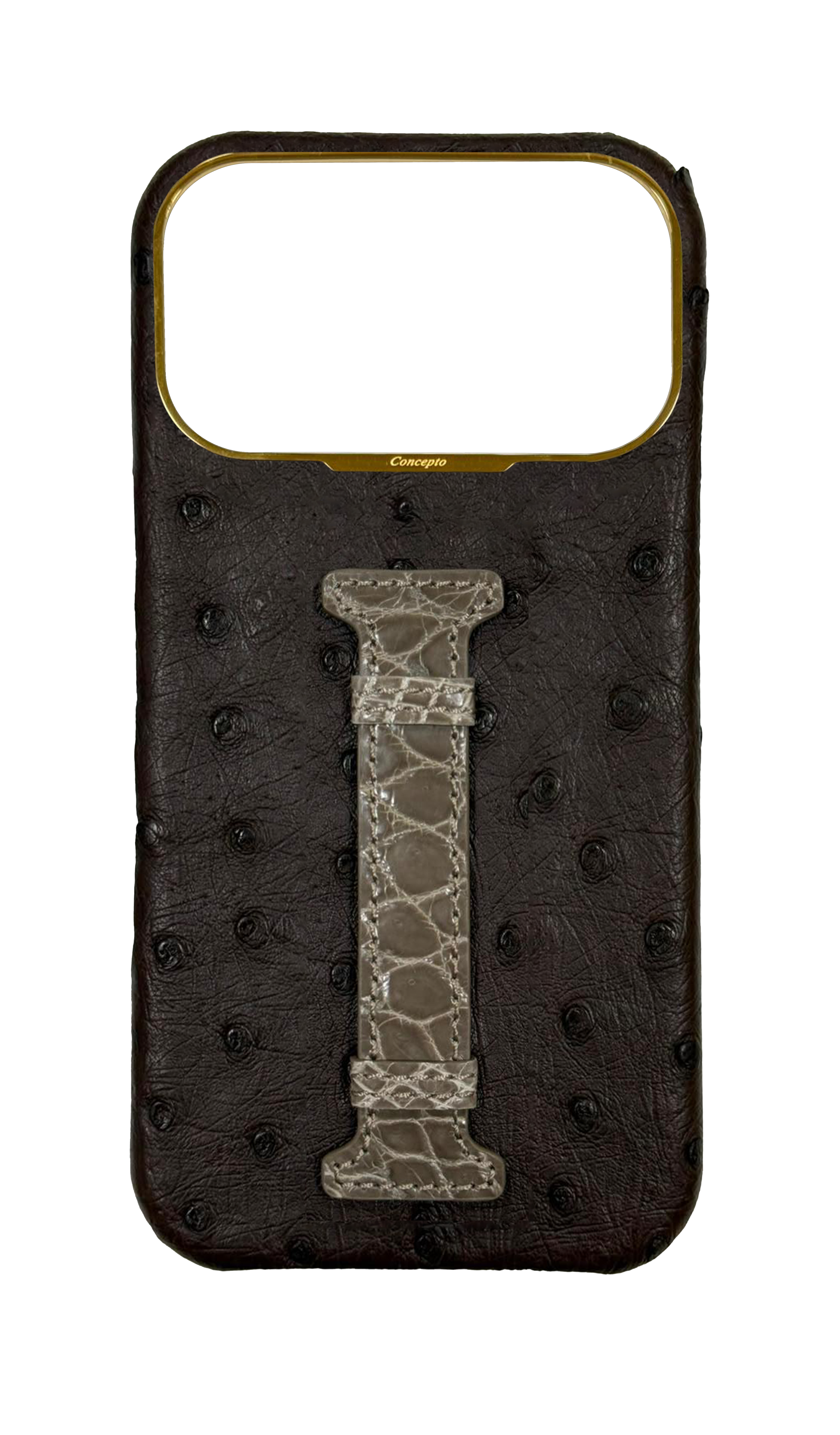 Brown Exotic Ostrich &amp; Crocodile Middle Strap Case