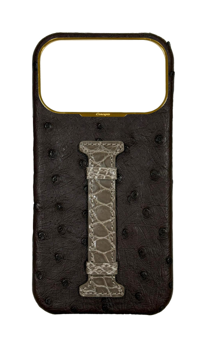 Brown Exotic Ostrich &amp; Crocodile Middle Strap Case