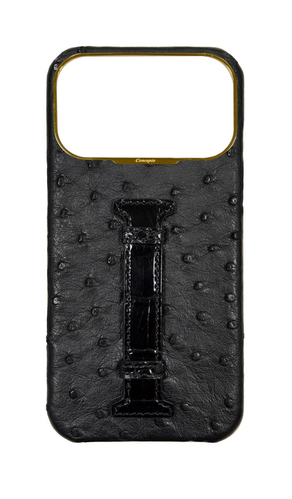 Black Exotic Ostrich &amp; Crocodile Middle Strap Case