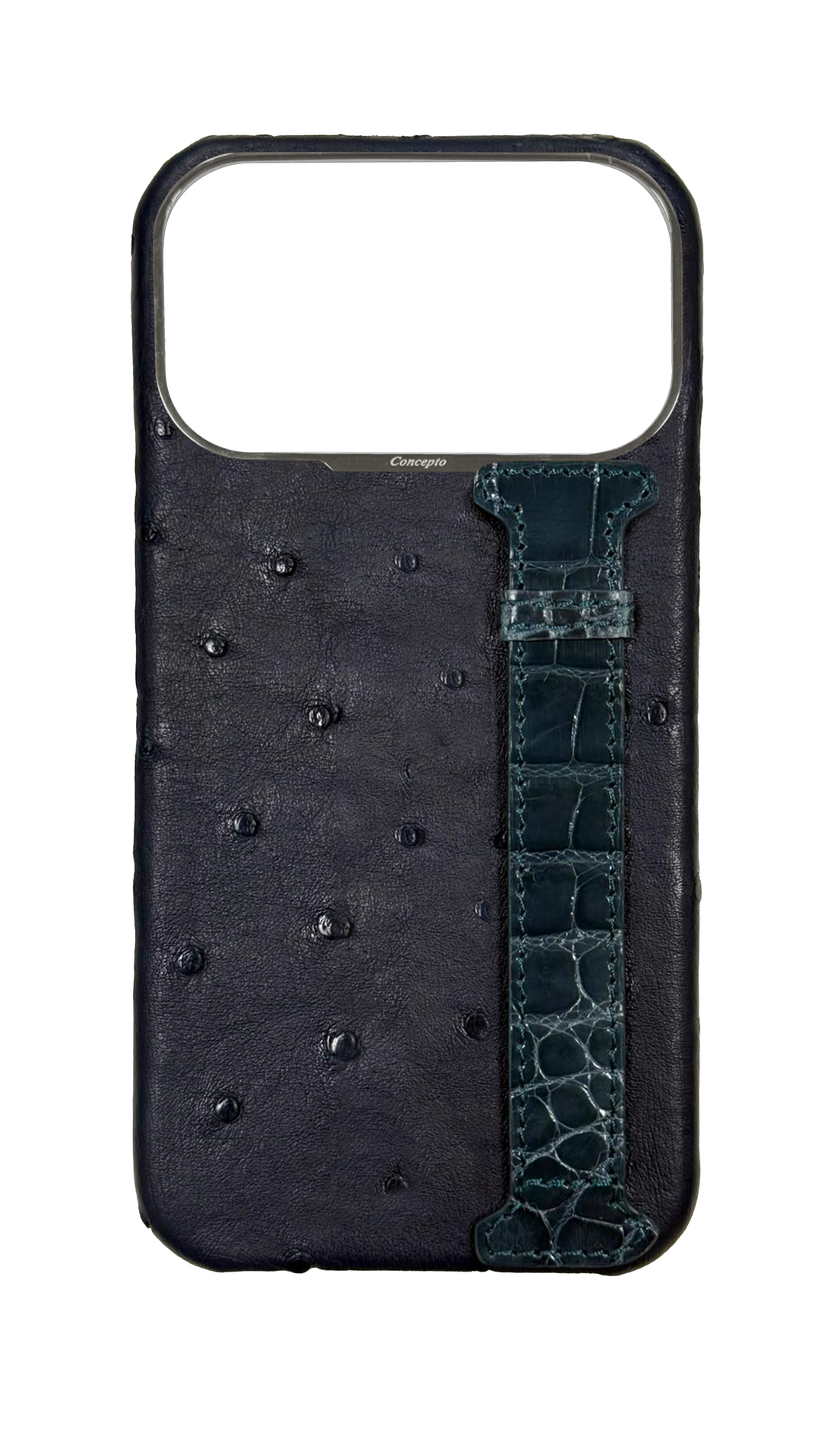 Navy Exotic Ostrich &amp; Crocodile Side Strap Case