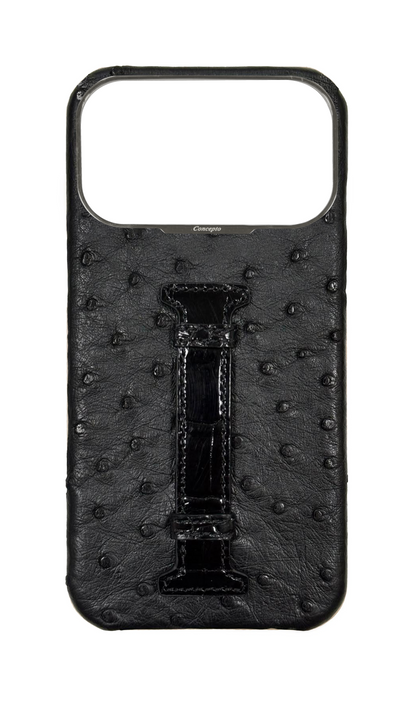 Black Exotic Ostrich &amp; Crocodile Middle Strap Case