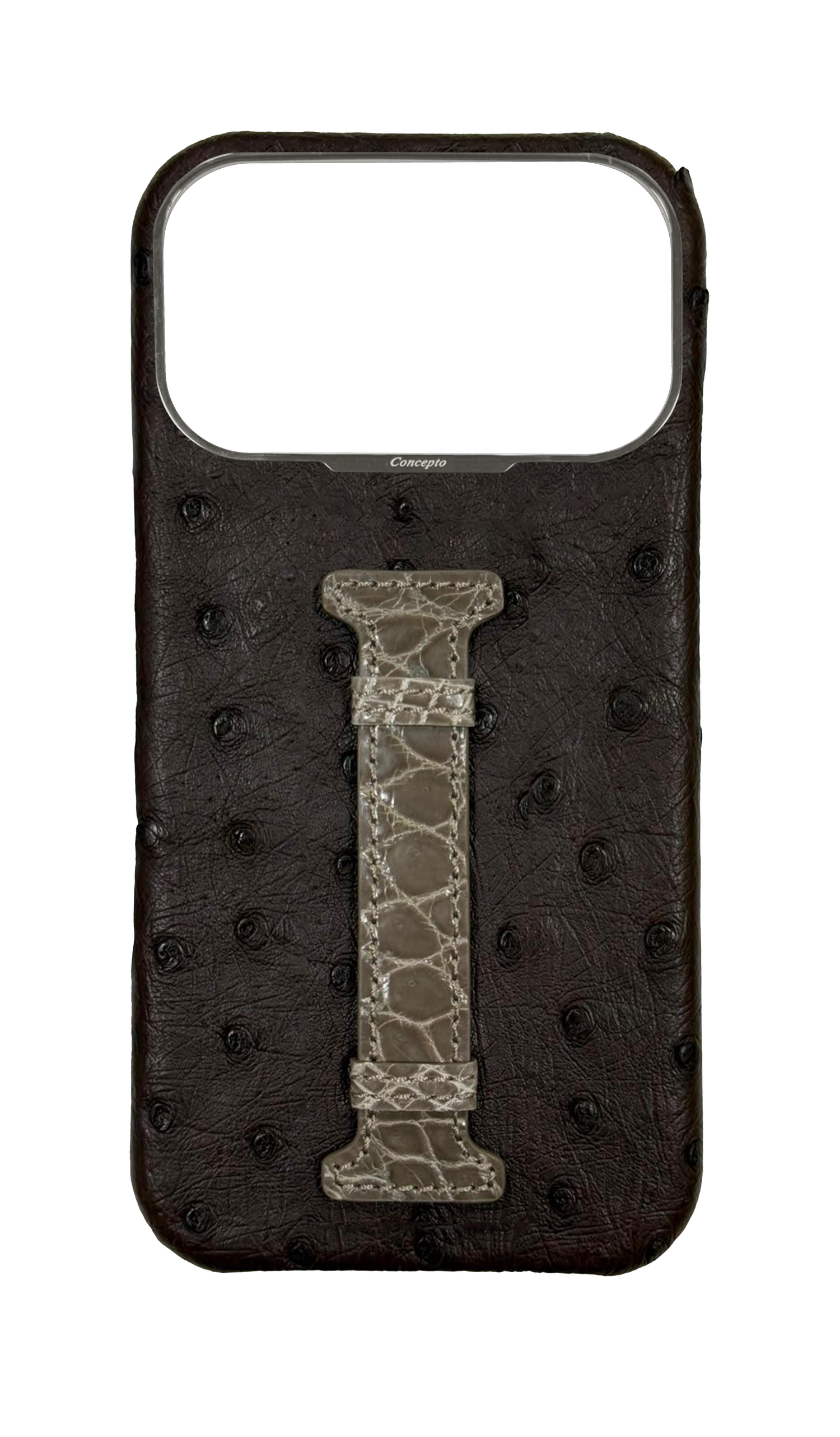 Brown Exotic Ostrich &amp; Crocodile Middle Strap Case