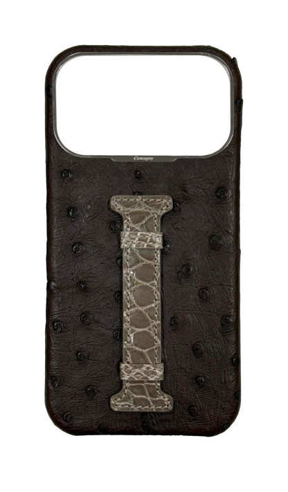 Brown Exotic Ostrich &amp; Crocodile Middle Strap Case