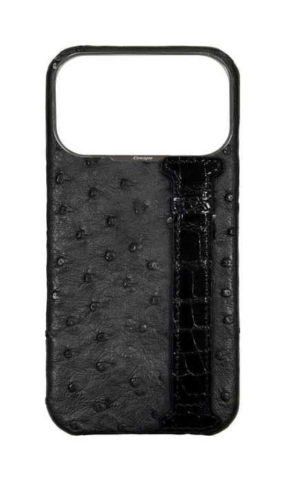 Black Exotic Ostrich &amp; Crocodile Side Strap Case
