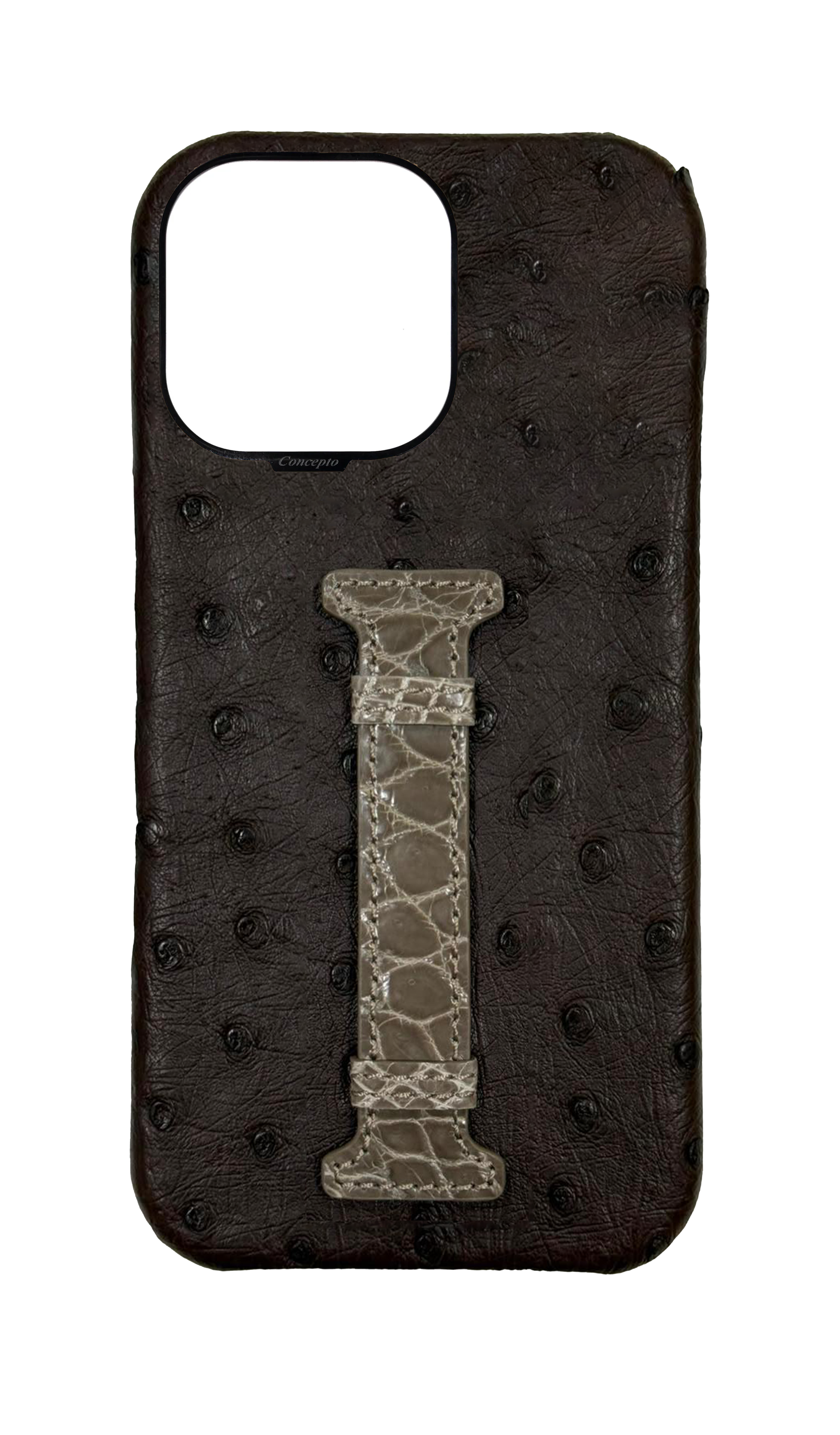 Brown Exotic Ostrich &amp; Crocodile Middle Strap Case