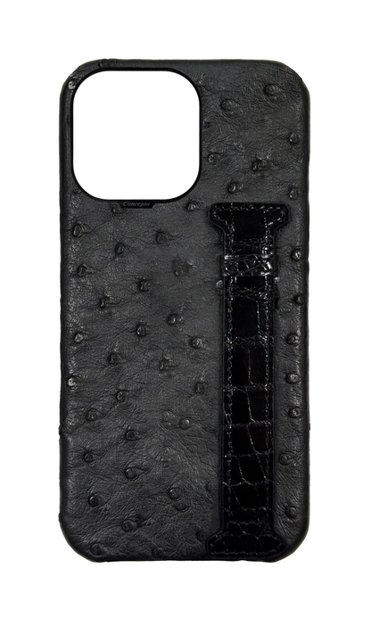 Black Exotic Ostrich &amp; Crocodile Side Strap Case