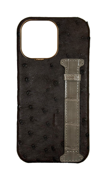 Brown Exotic Ostrich &amp; Crocodile Side Strap Case