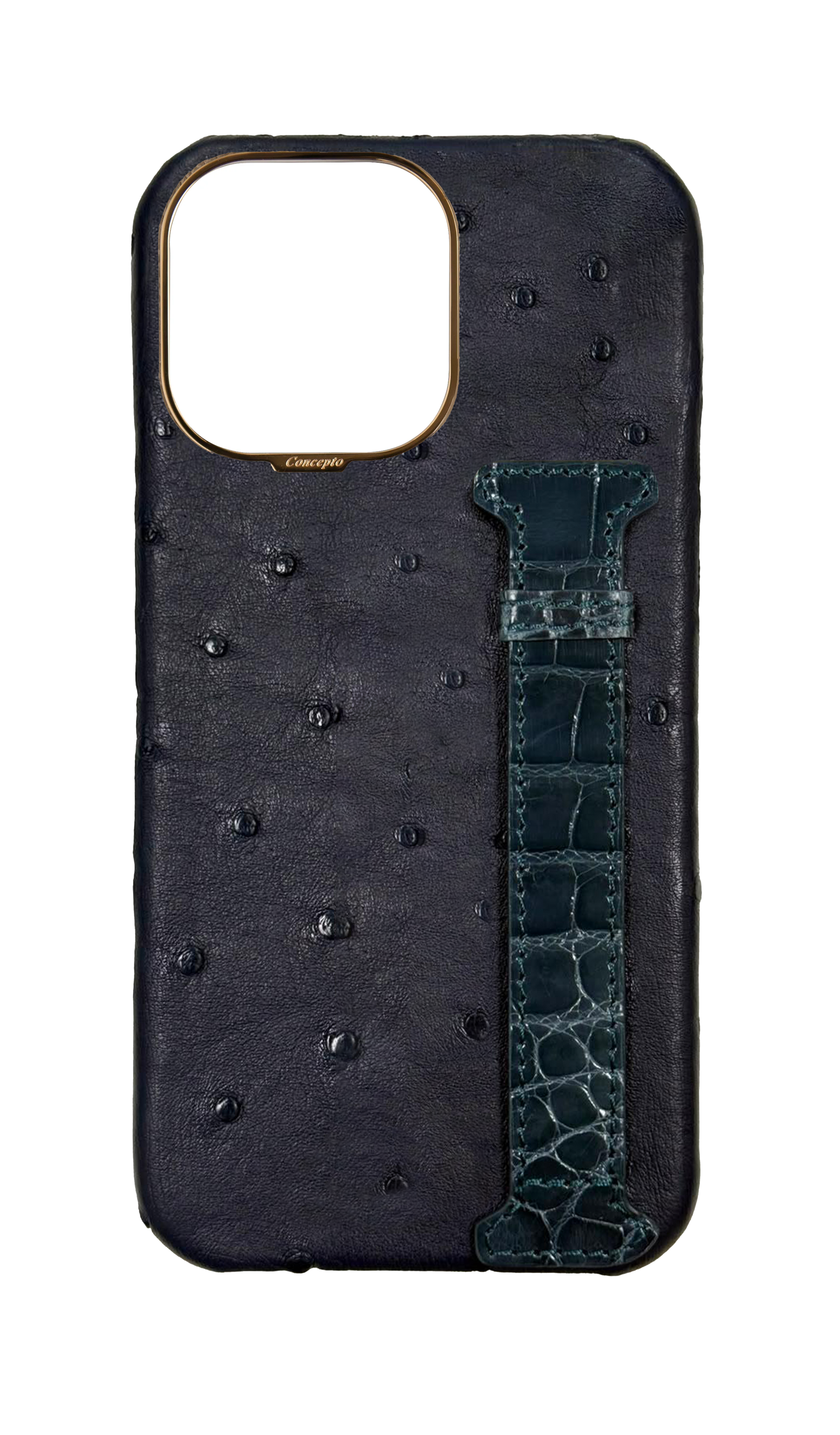 Navy Exotic Ostrich &amp; Crocodile Side Strap Case
