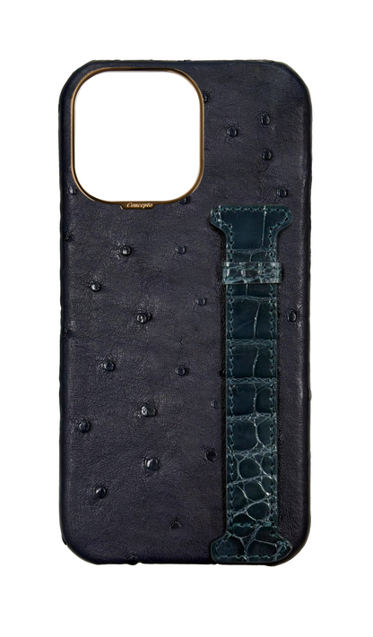 Navy Exotic Ostrich &amp; Crocodile Side Strap Case