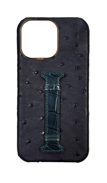 Navy Exotic Ostrich &amp; Crocodile Middle Strap Case