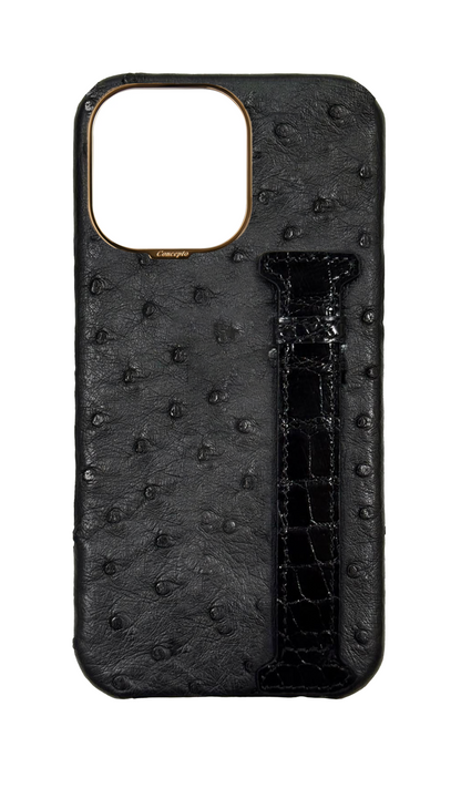 Black Exotic Ostrich &amp; Crocodile Side Strap Case