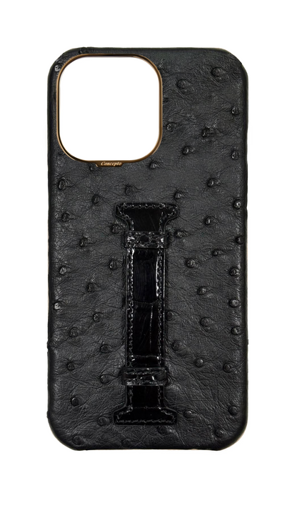 Black Exotic Ostrich &amp; Crocodile Middle Strap Case