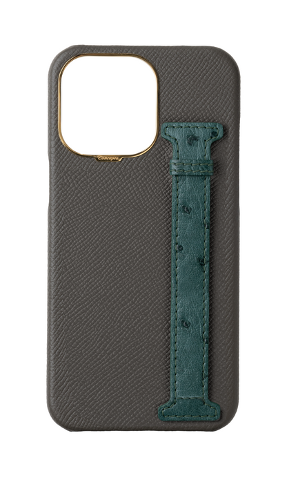Grey / Green Exotic Ostrich Side Strap Case
