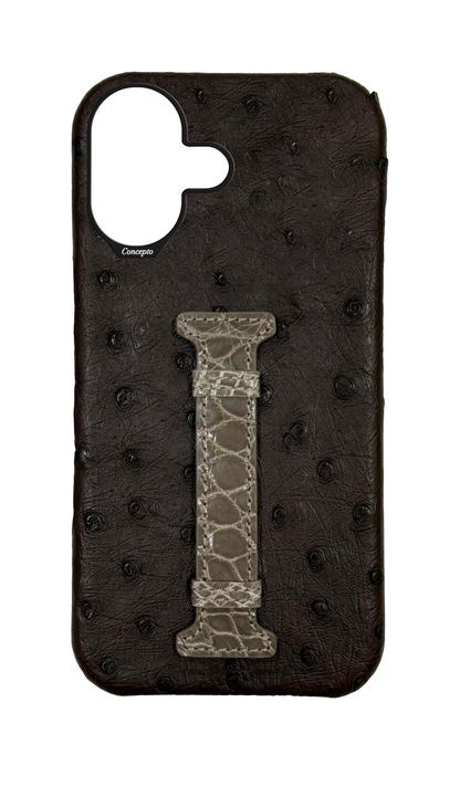 Brown Exotic Ostrich &amp; Crocodile Middle Strap Case