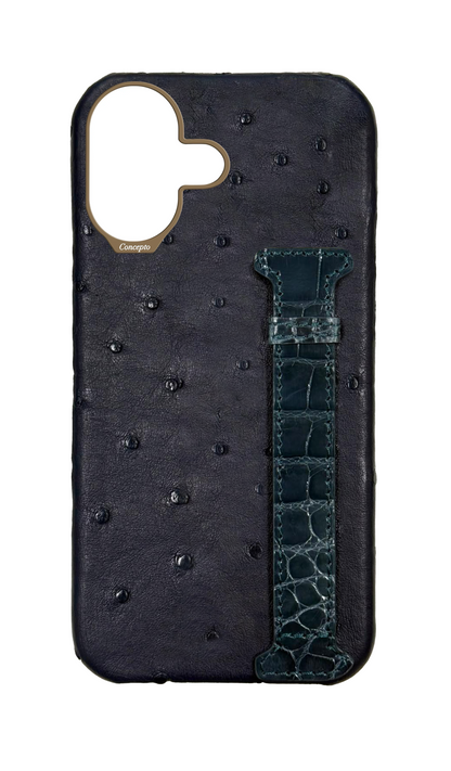 Navy Exotic Ostrich &amp; Crocodile Side Strap Case
