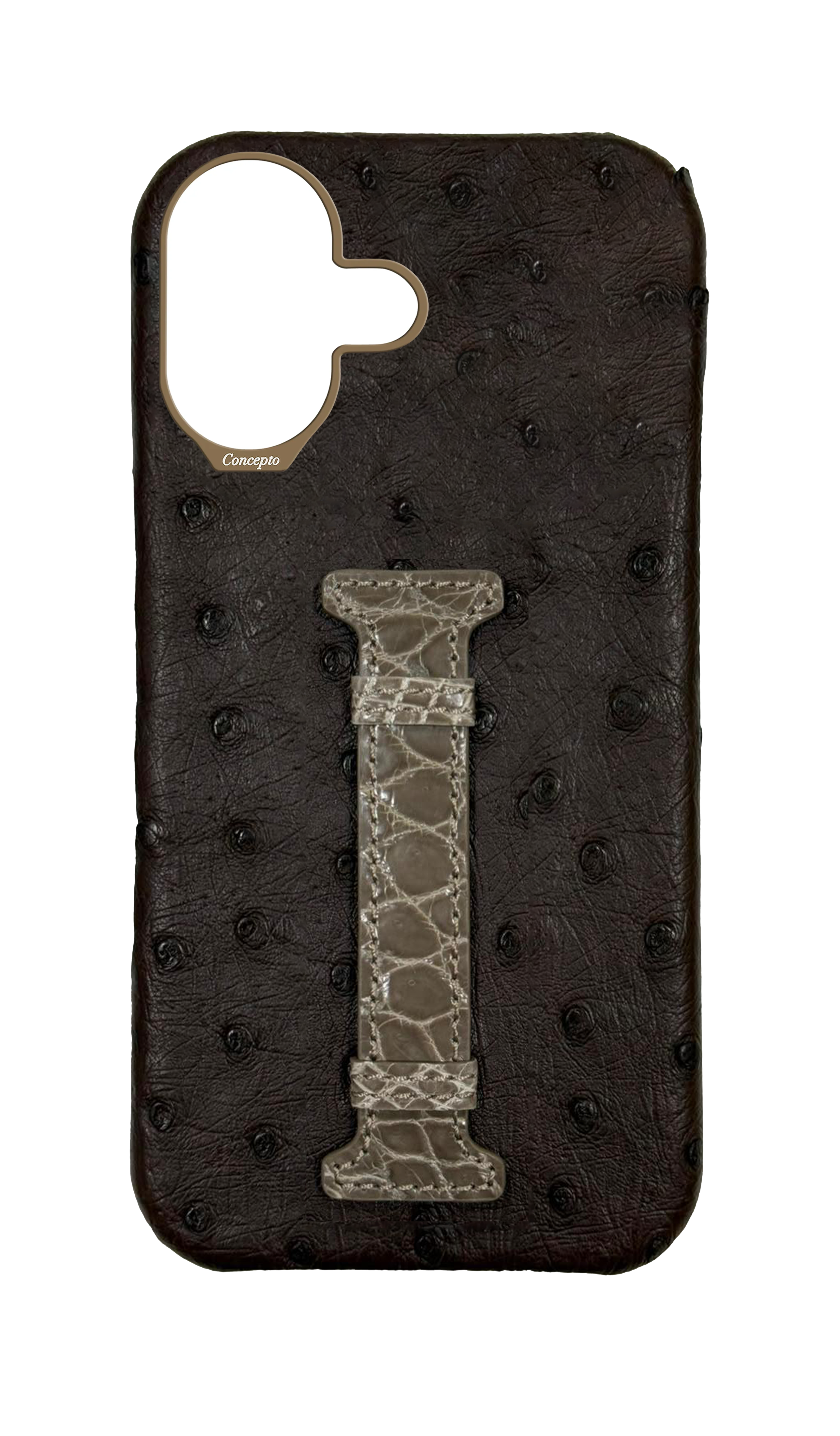 Brown Exotic Ostrich &amp; Crocodile Middle Strap Case