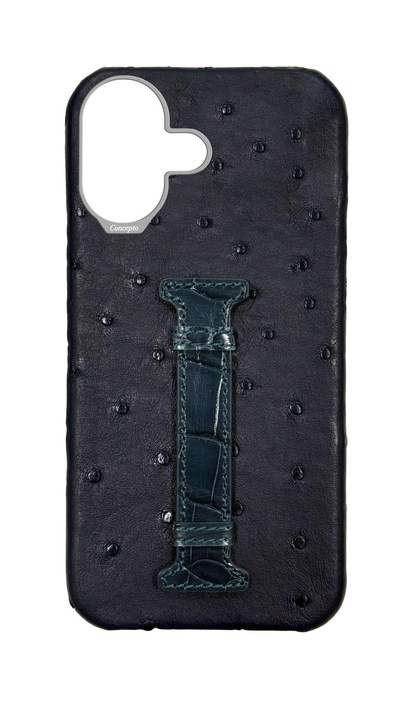 Navy Exotic Ostrich &amp; Crocodile Middle Strap Case
