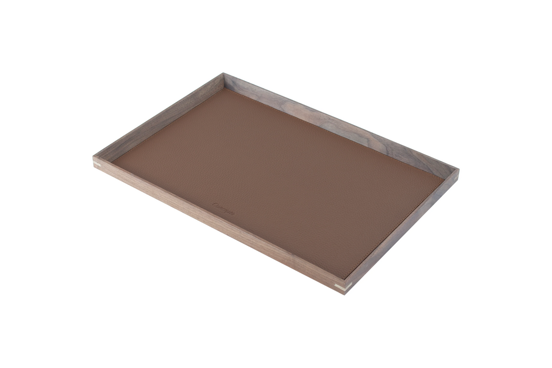Large Rectangle Walnut Wood x Brown Leather Tray