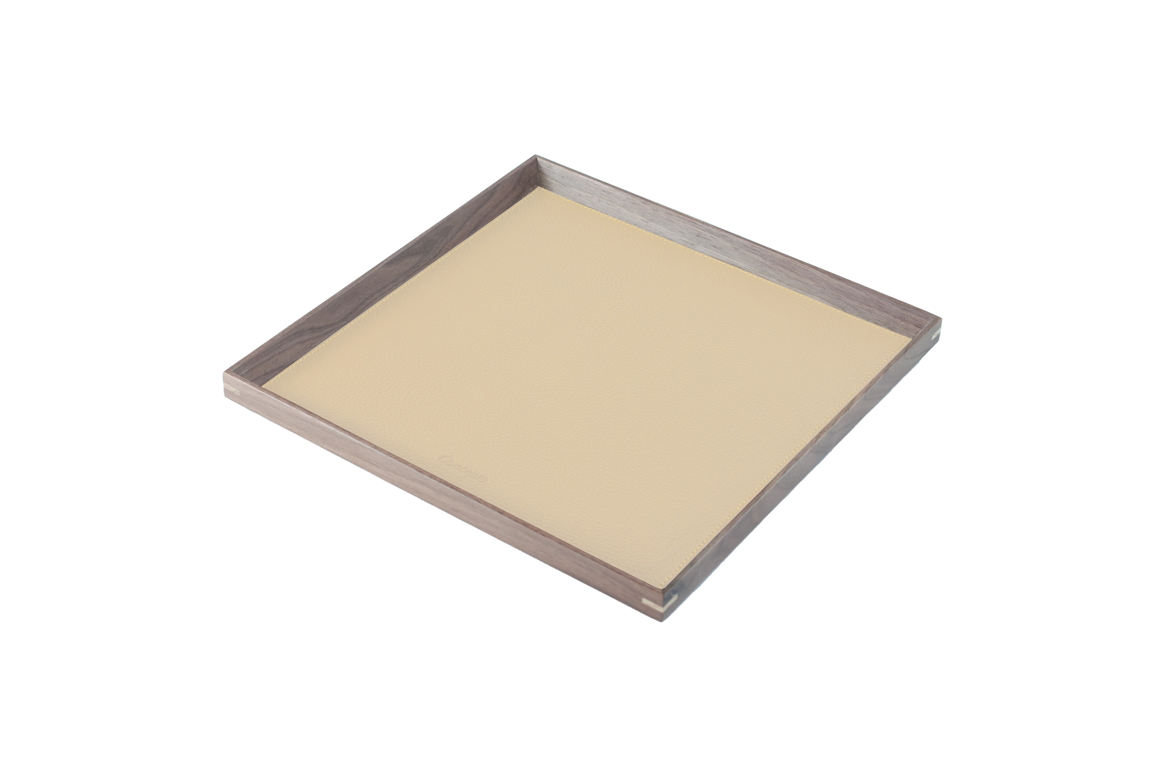 Medium Square Walnut Wood x Beige Leather Tray