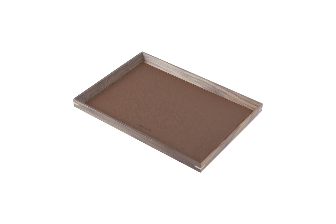 Small Rectangle Walnut Wood x Brown Leather Tray