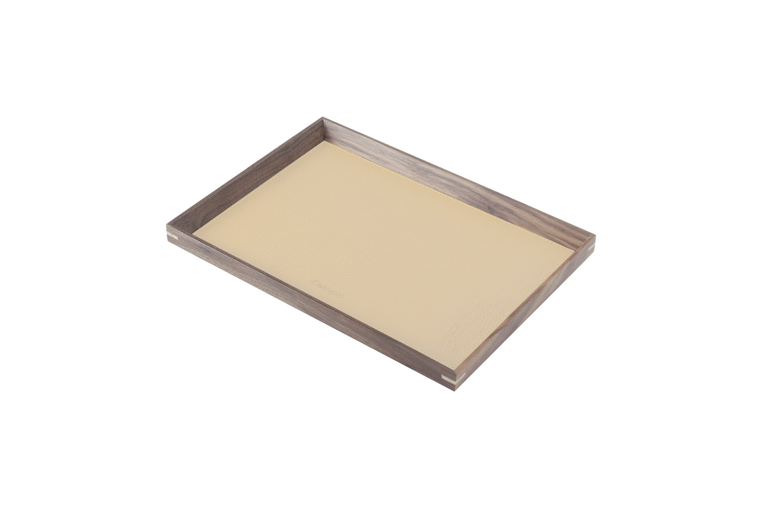 Small Rectangle Walnut Wood x Beige Leather Tray