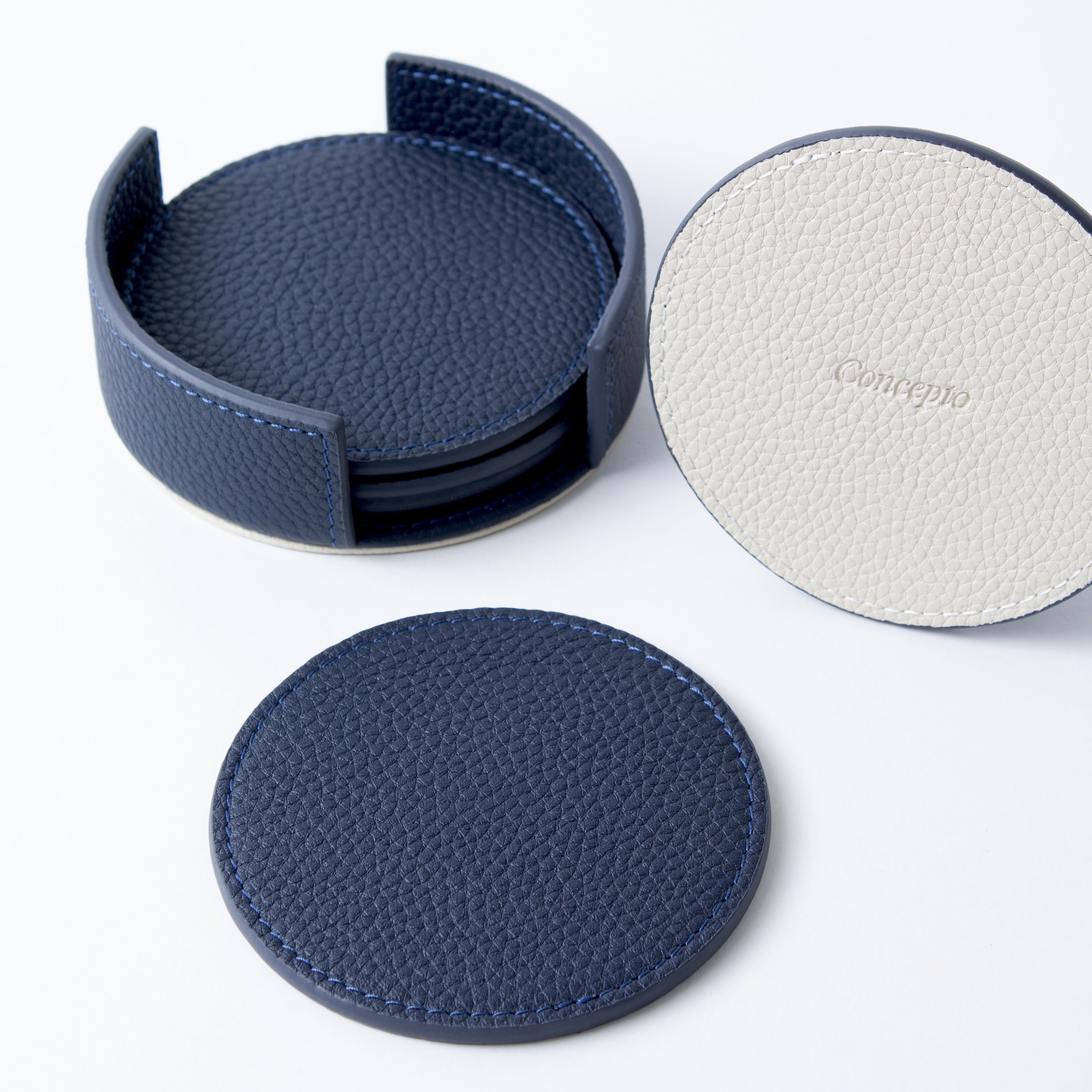 Navy / White Leather Coaster