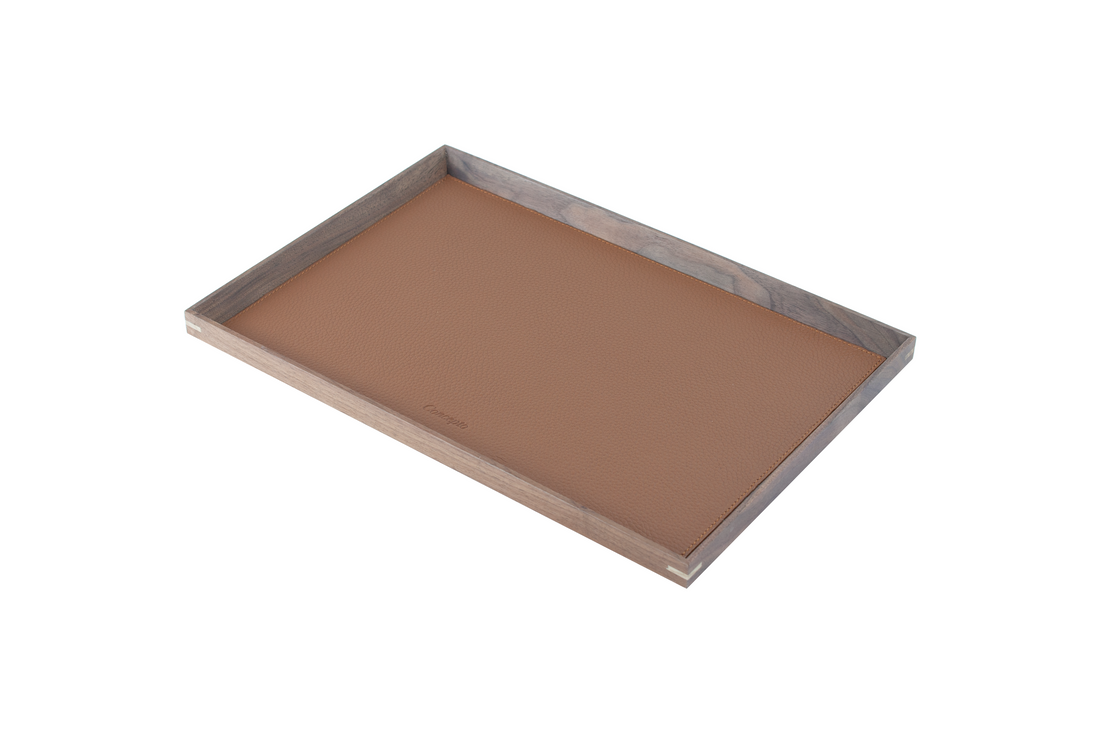 Large Rectangle Walnut Wood x Tan Leather Tray